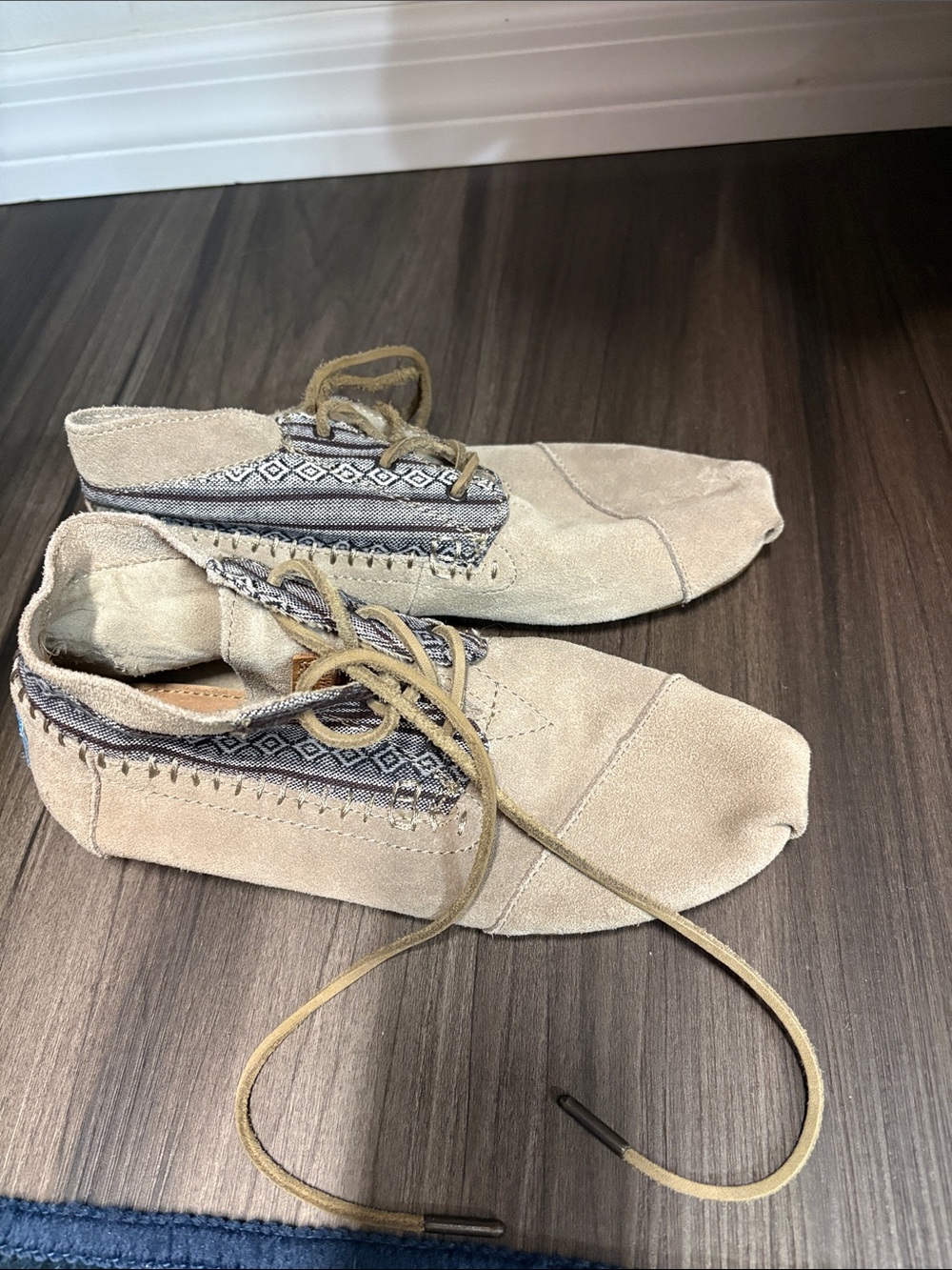 Toms Beige Suede Moccasins with Black & White Patterned Trim